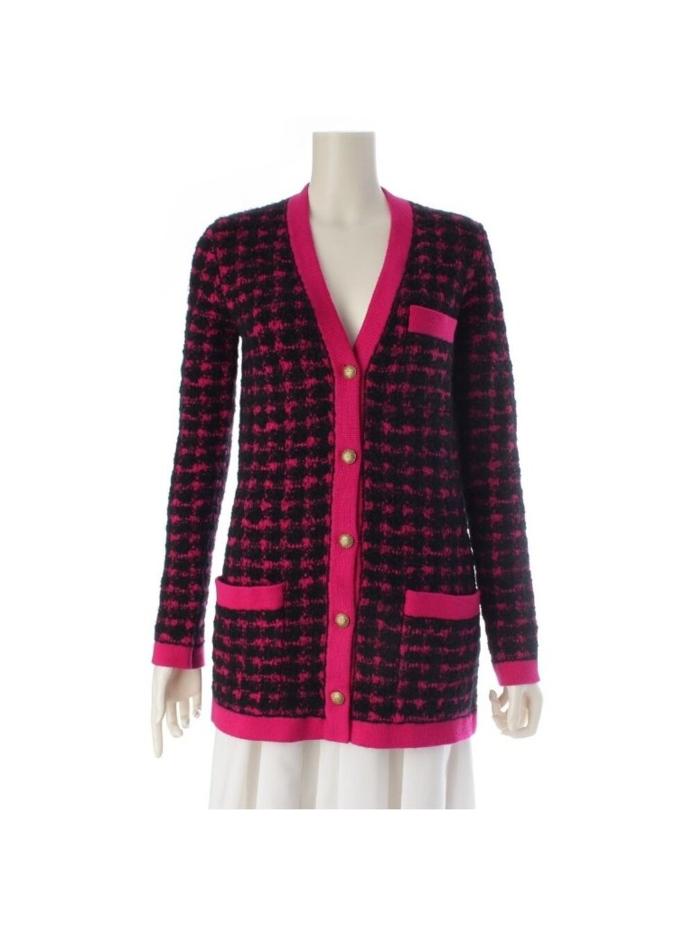 Saint Laurent Wool Alpaca Plaid Knit Cardigan Top Black Pink
